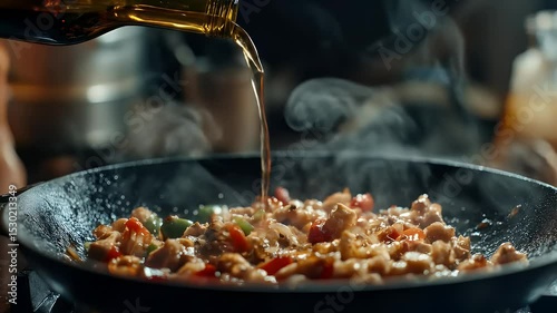 Sauce Being Poured Into Stir Fry with Chicken Peppers and Steam in Dark Pan in Moody Kitchen Setting