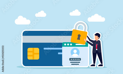 Businessman holding padlock beside app login interface and debit or credit card illustration of customer data confidentiality in saving and investment