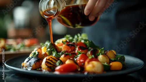 Pouring Sauce Over Fresh Mixed Vegetable Salad on a Black Plate in Studio with Black Background