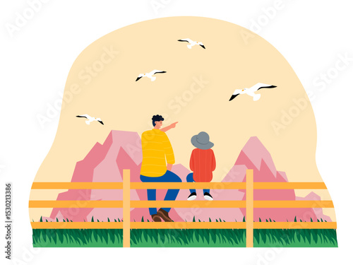 Father and son sitting relaxed on a wooden fence looking at birds flying. Bird watch illustration. Flat vector illustration.