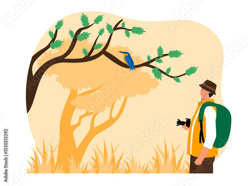 Man looking at a bird standing on a tree branch quietly. Bird watch illustration. Flat vector illustration.