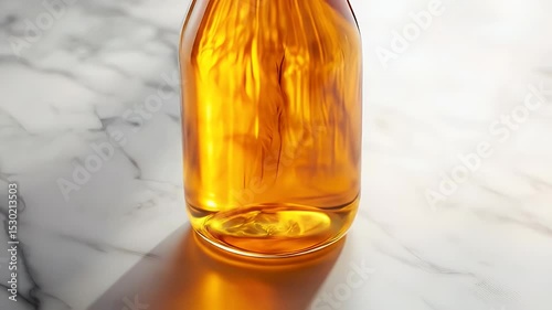 Close Up of Golden Liquid Filled Clear Glass Bottle being Held Against White Marble Surface in Studio with Bright Lighting and Art Defect