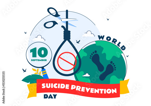 World Suicide Prevention Day Vector Illustration on September 10, Featuring a Hanging Rope and Helping Hands to Prevent Suicide in a Flat Background
