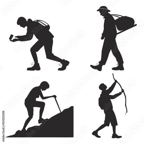 Silhouette illustrations of adventurous people engaging in hiking and outdoor exploration activities