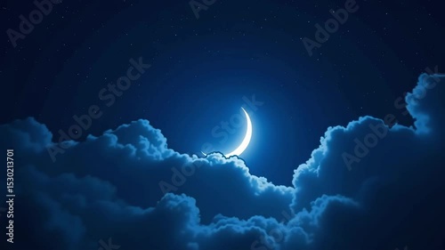 A crescent moon shines brightly amid dark clouds under a starry night sky.