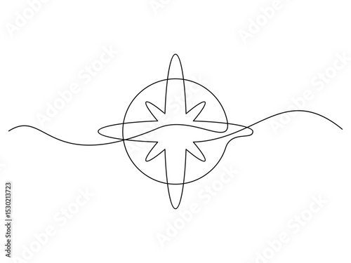 continuous one line drawing, navigation compass design, vector illustration, isolated on transparent background