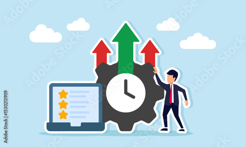 Businessman near laptop displaying star list gear with upward arrow and indicator needle illustration of improving business team performance quality standards