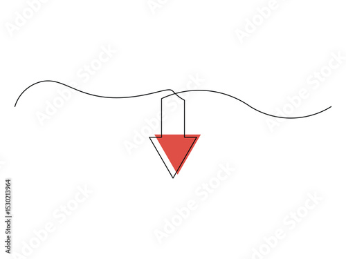 continuous one line drawing, arrow pointing design, down vector illustration, isolated on transparent background