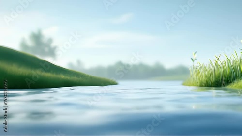 Tranquil Lake Surrounded By Green Grass Under A Light Blue Sky On A Sunny Day With Blurred Trees In Background For Calm Nature Landscape