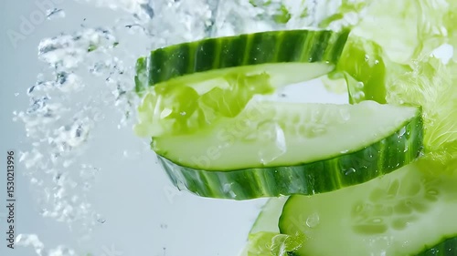 Slices Of Green Cucumbers And Lettuce In Clear Water With Bubbles Against Light Background For Adobe Stock