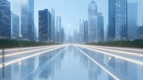 Blue Toned Modern Cityscape Featuring Tall Buildings Skyscrapers and Urban Road Reflection in Evening Light for Adobe Stock