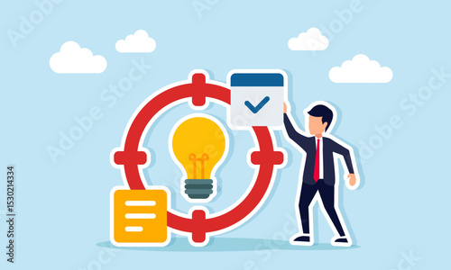 Businessman placing check label on target aiming at light bulb illustration of targeting the implementation of business ideas