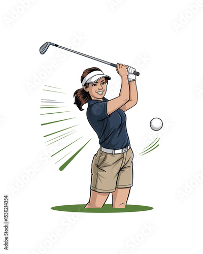 Female Golfer Swinging Club, Cartoon Style, Ready to Hit the Ball