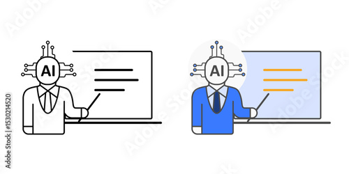 AI tutor in front of a screen icon in outline and color styles, representing intelligent virtual instructors or digital teaching assistants in modern e-learning platforms.