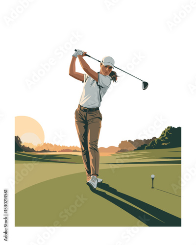 Female Golfer Swinging Club on Beautiful Green Golf Course at Sunset