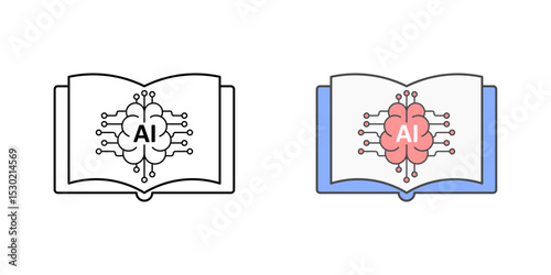 Open book with AI brain icon in outline and color styles, representing cognitive learning, intelligent tutoring, and digital education systems powered by neural technology.