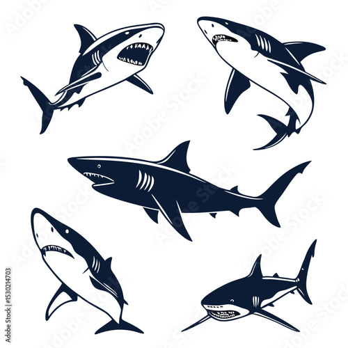 Vector illustration of a set of five different silhouette sharks in various poses