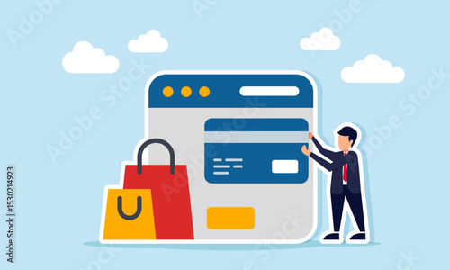 Businessman holding credit or debit card near app interface and shopping bags illustration of online and digital payment system
