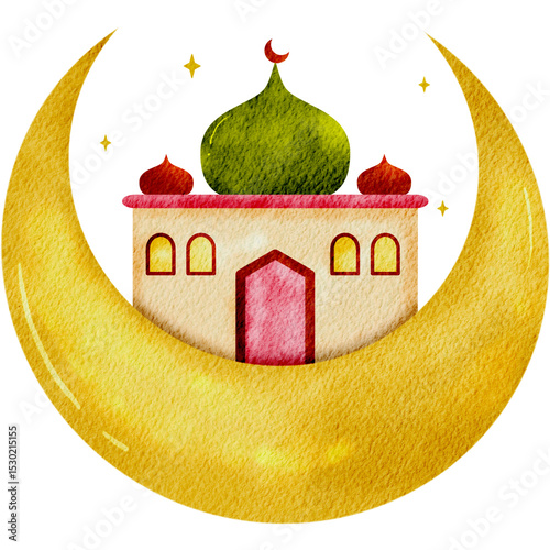 watercolor islamic mosque on crescent moon