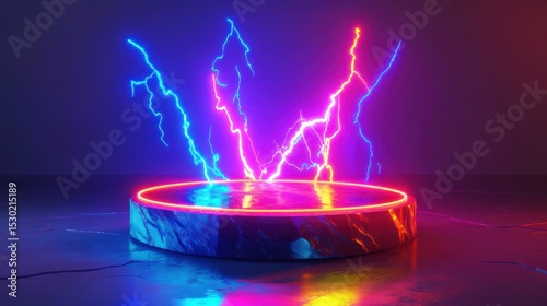 Futuristic platform with luminous lightning effects for technology product display