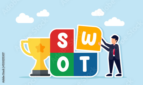 Businessman arranging SWOT puzzle near trophy illustration of research and analysis on strategy to become a leading company