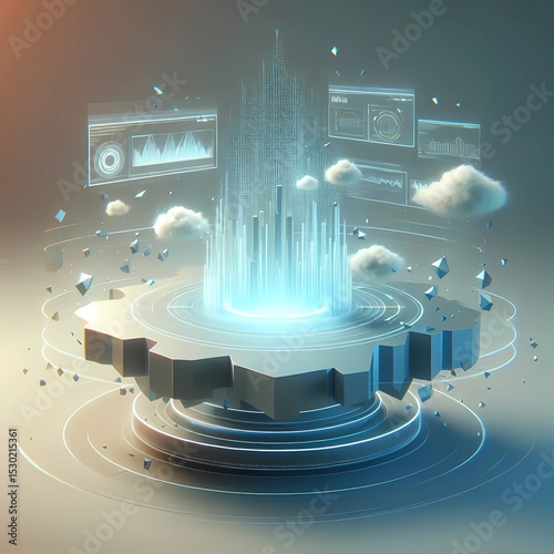Holographic Data Charts Floating Over 3D Platform