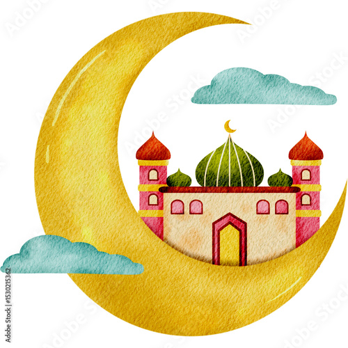 watercolor islamic mosque on crescent moon