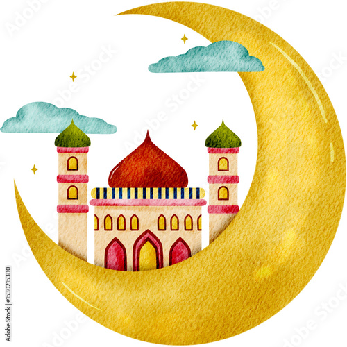 watercolor islamic mosque on crescent moon