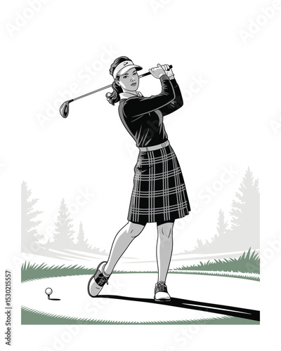 Elegant Golfer Swinging, Retro Sportswear, Vintage Golfing Illustration, Golf Fashion, Classic Swing