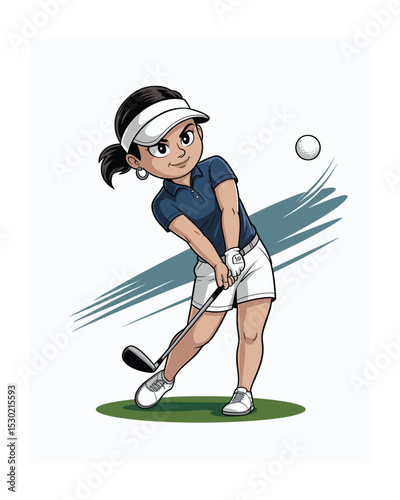 Cartoon Woman Golfer Swinging Club with Ball in Motion