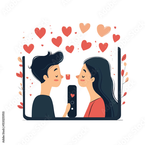 Celebrating Valentine's Day online. Vector modern flat style illustration of a man and woman having a date by video call. Isolated on background, vector style simple color