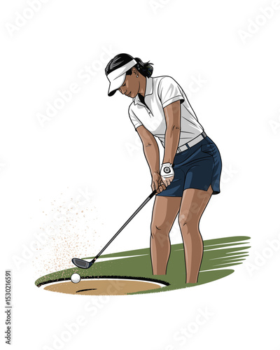 Female Golfer Swinging Club in Sand Trap, Golfing Illustration, Cartoon Style