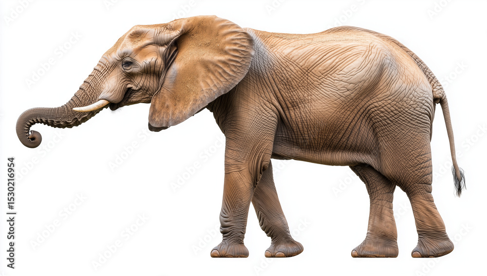 Obraz premium Photo of an African elephant standing and lifting its trunk, against a white background. African elephant with raised trunk and tusks isolated on white