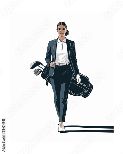 Female Golfer in Suit Walking with Golf Bag - Vector Illustration