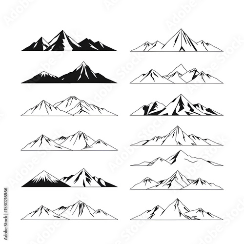 A collection of simple black and white mountain range illustrations displayed in rows with varying peaks and line styles