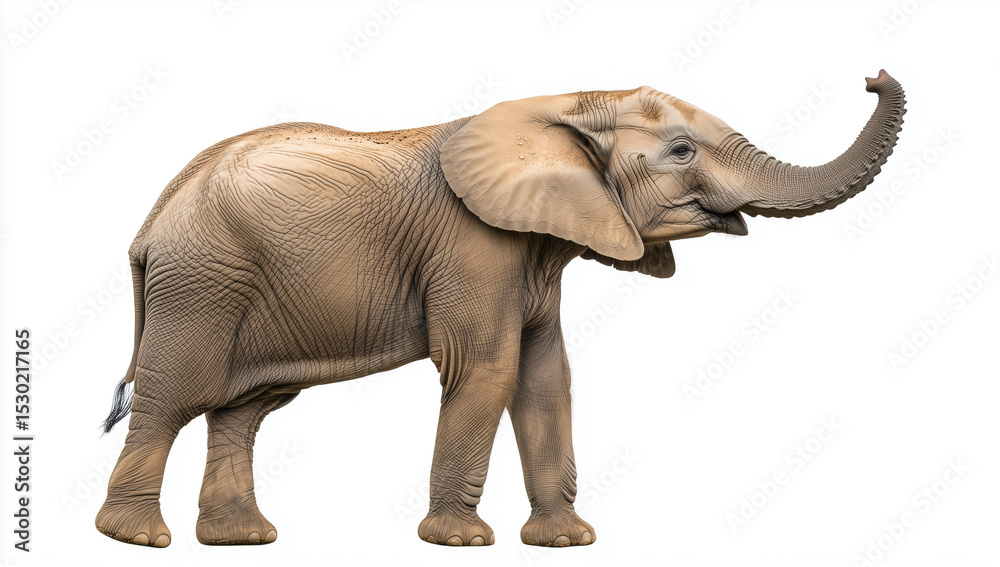Fototapeta premium Photo of an African elephant standing and lifting its trunk, against a white background. African elephant with raised trunk and tusks isolated on white