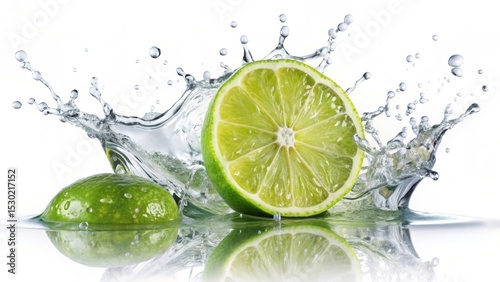 Refreshing Lime Slices Plunged into a Crystal Clear Water Splash, Creating a Vibrant and Lively Image Perfect for Culinary or Beverage Themes.