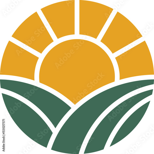 Farm logo circle flat field with sun.
