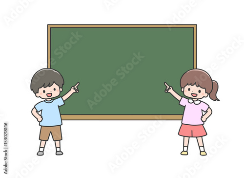 黒板を指差す男の子と女の子