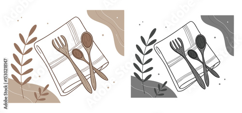 Rustic kitchen utensils featuring wooden spoons and forks placed on a striped napkin with botanical illustrations.