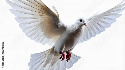 White dove in mid-flight against a clean white background, showcasing its wingspan and feathers