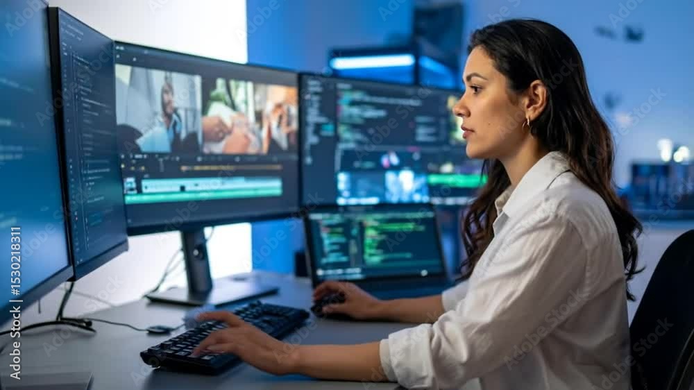 Woman Focused on Video Editing and Coding on Multiple Monitors in a Studio Woman Focused on Video Editing and Coding on Multiple Monitors in a Studio