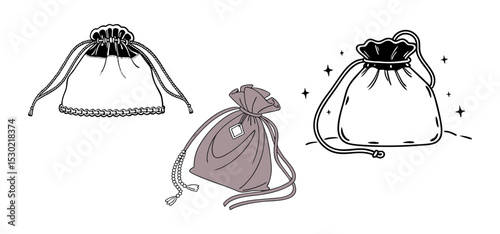 Three illustrated pouches of varying styles and designs with tie closures and other attractive decorative elements.