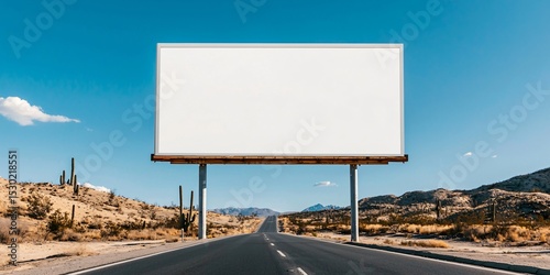 horizontal billboard mockup on straight desert highway, surrounded by sand, cacti and dry hills, overexposed sunlight adds vintage realism, blank area centered crisply