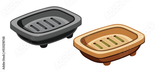 Two cartoon soap dishes in gray and brown colors with simple designs and white background isolation.