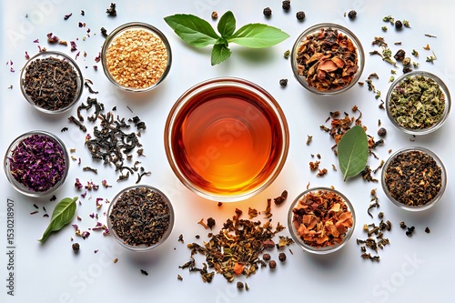 Assorted herbs and spices with a cup of brewed tea surrounded by vibrant colors.