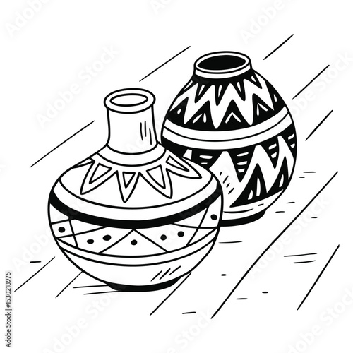 Two decorative hand drawn pottery vases with intricate patterns in a black and white minimalistic style.
