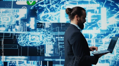 Young entrepreneur reviewing predictive analytics and machine learning algorithms. The digital interface reflects innovation, coding, AI ethics and platforms transformation. Camera B.