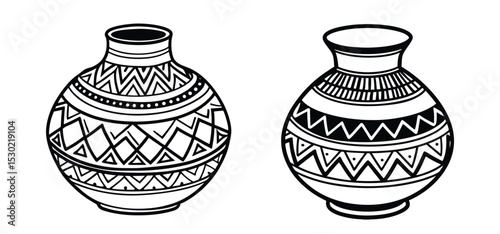Two decorative vector illustrations of traditional african pottery with intricate geometric patterns and designs in a graphic style