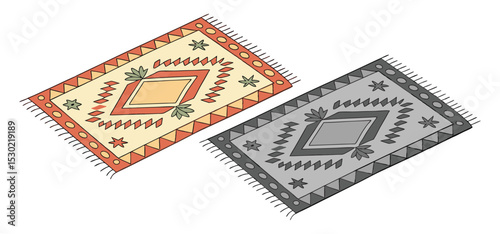 Two hand drawn carpets illustrating traditional southwestern design with detailed geometric patterns and fringes for home decor
